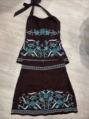 Y2K Heart Soul Brown Halter and skirt with Teal & White Embroidered flowers